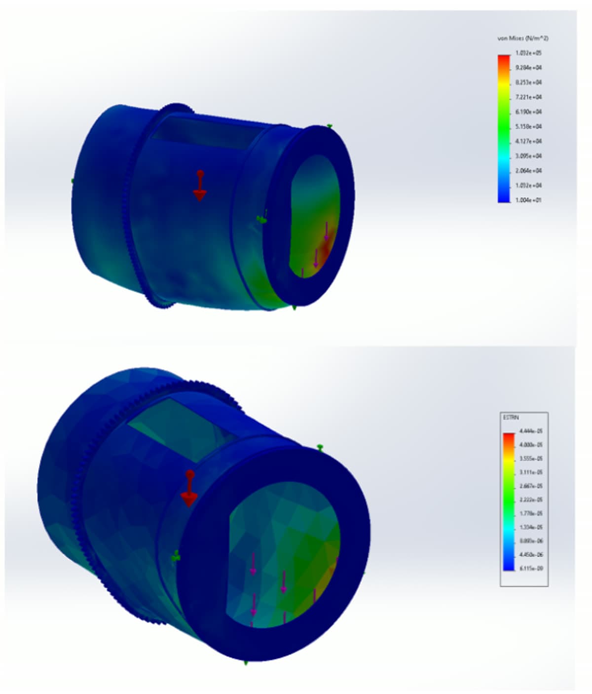 FEA von Mises stress and strain simulation of the drum under load