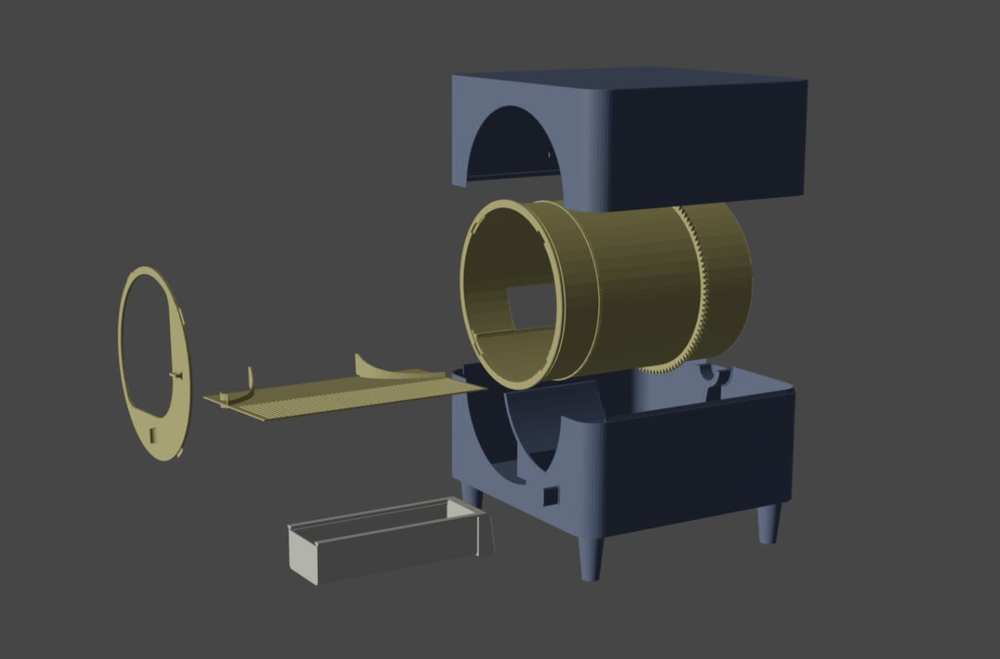 Exploded CAD render of the litter box drum, sifting plate, and waste tray