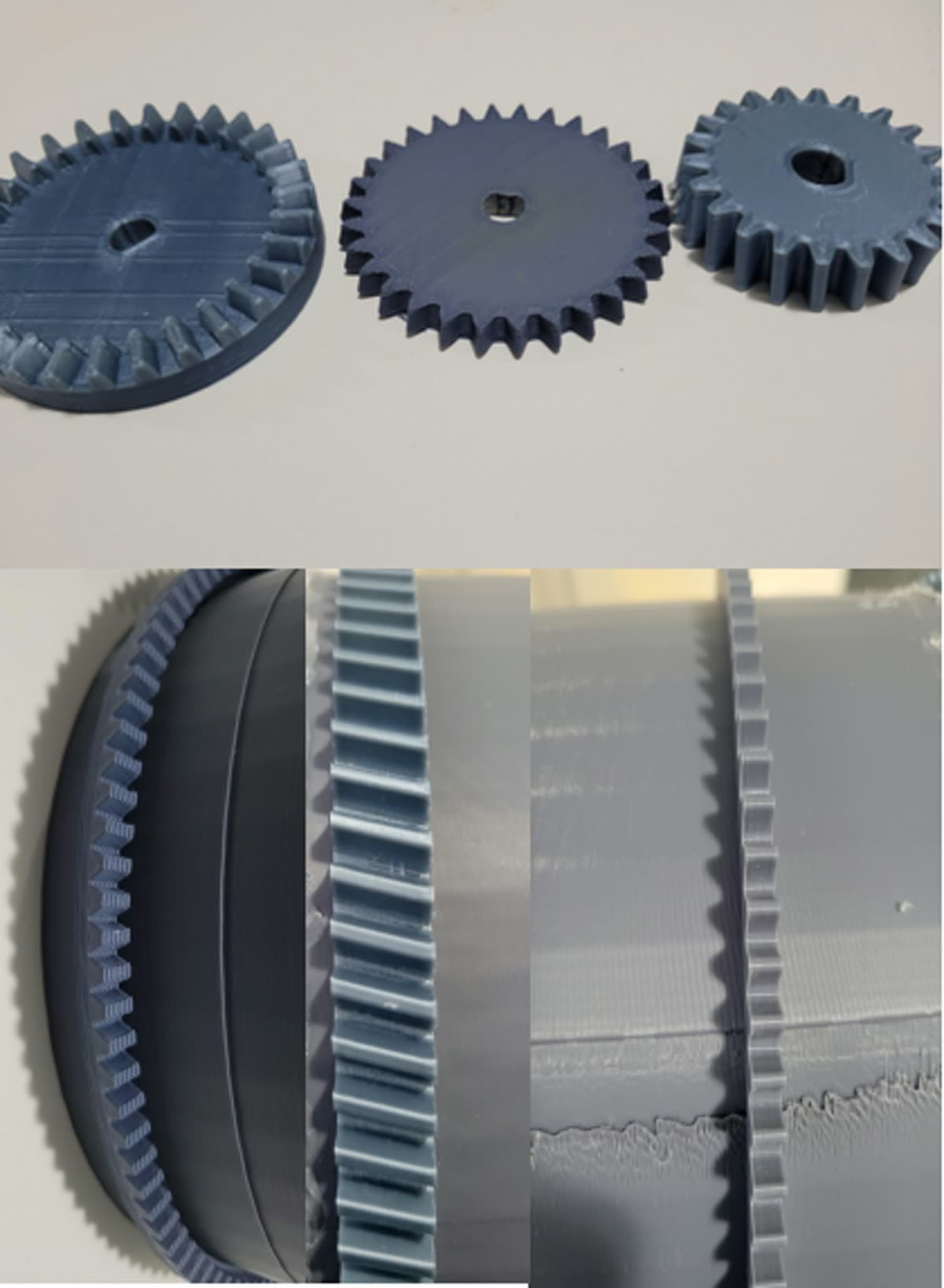 Photograph of printed miter and helical gears from the drivetrain iteration
