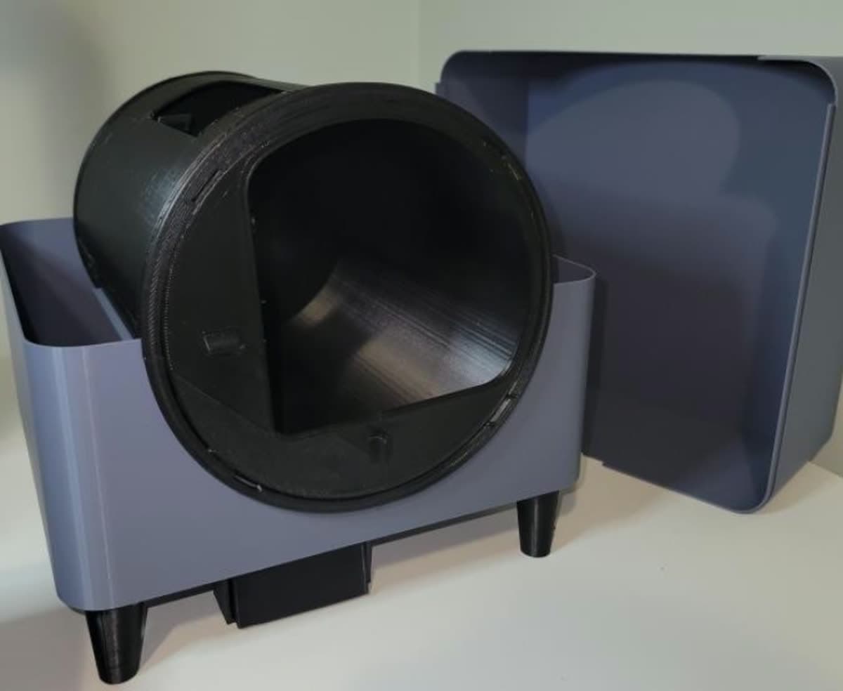 Photograph of the assembled 3D-printed litter box prototype