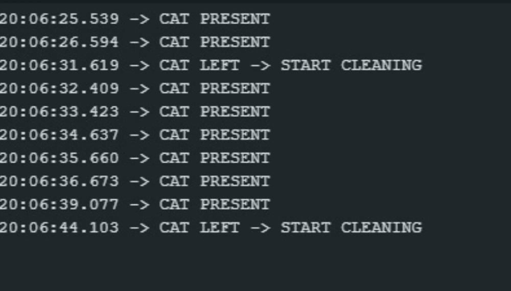 Serial monitor log showing the cleaning cycle cancel when the cat re-enters
