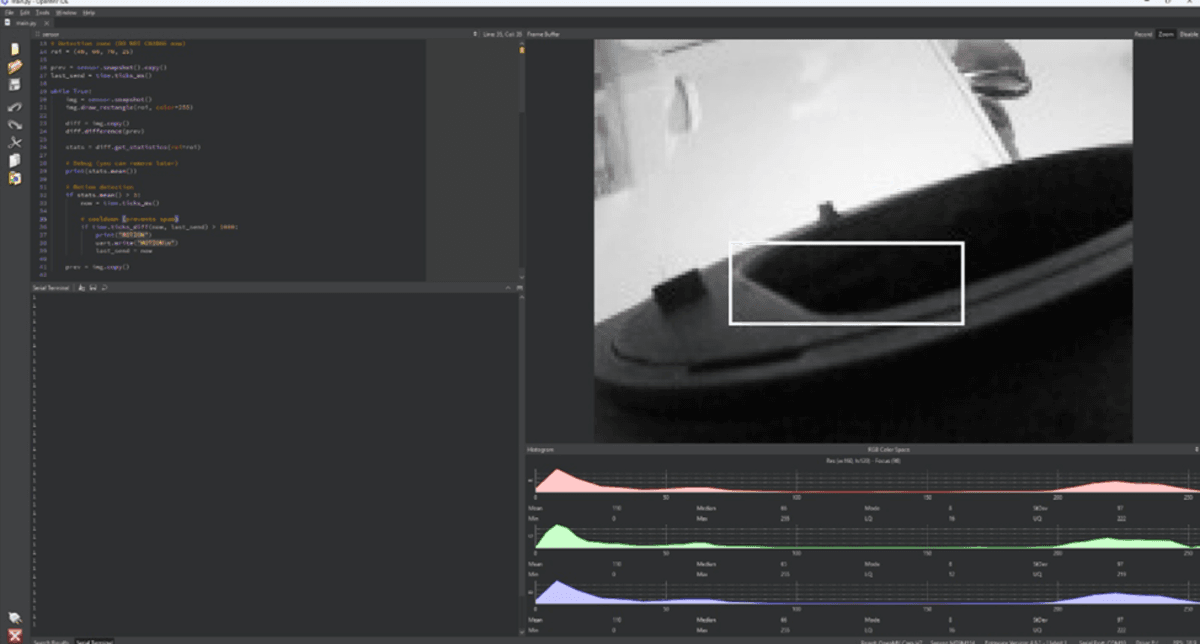 OpenMV IDE showing a region-of-interest overlay during motion detection testing