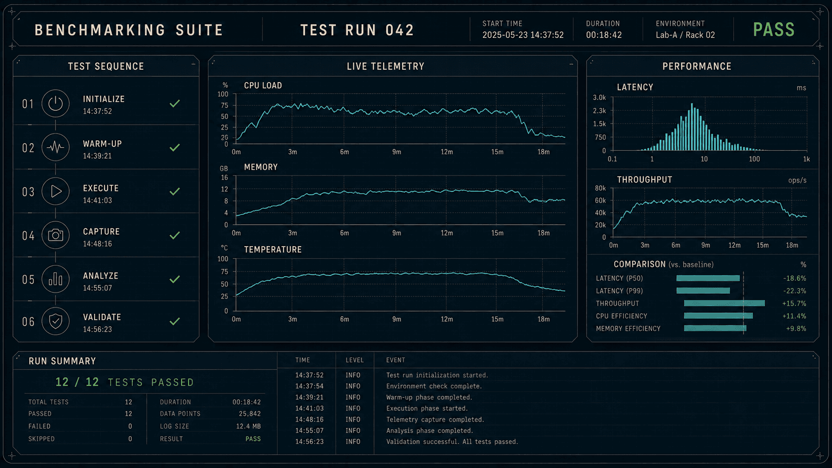 Automated hardware benchmarking dashboard showing test sequencing, live telemetry, performance analysis, and pass-fail validation